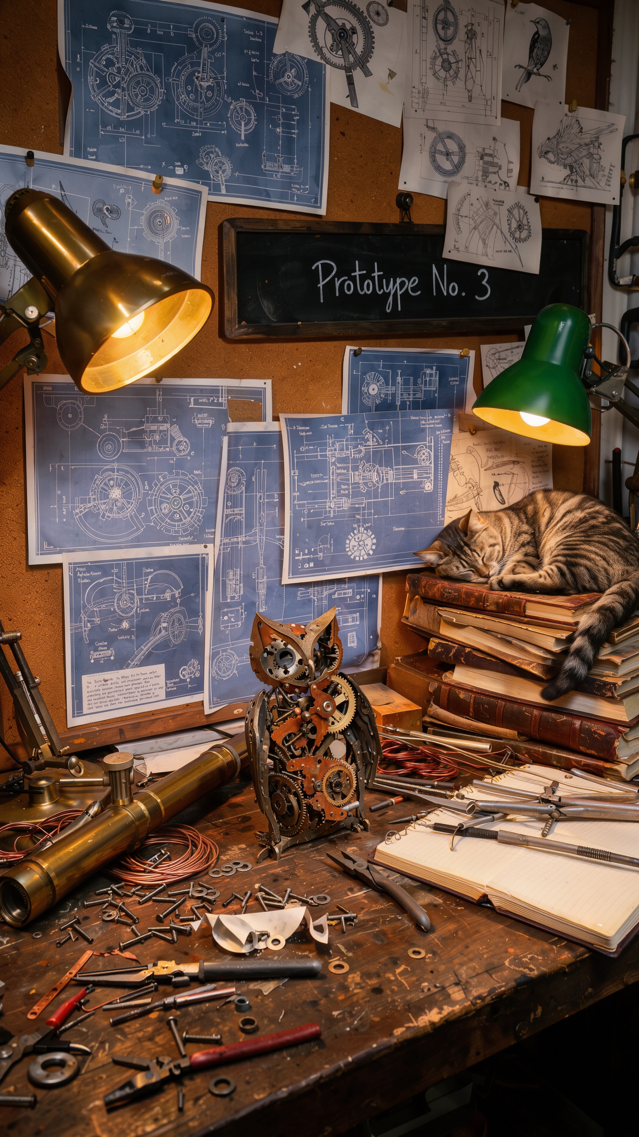 {"rewritten_prompt": "A cluttered inventor's workshop seen from above: a brass telescope,  a half-built clockwork owl,  bl...