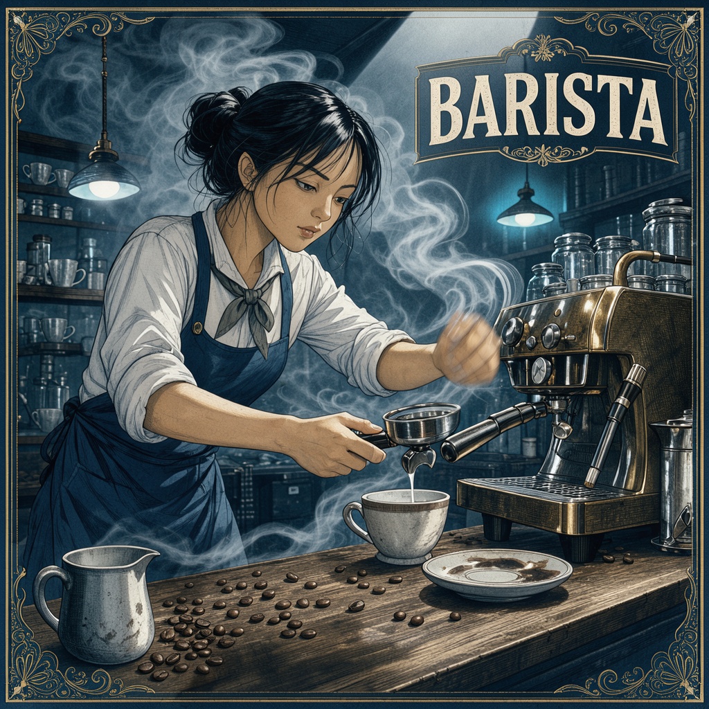 a barista framed by steam in a cozy cafe,  spotlight,  motion blur on Tensor.Art