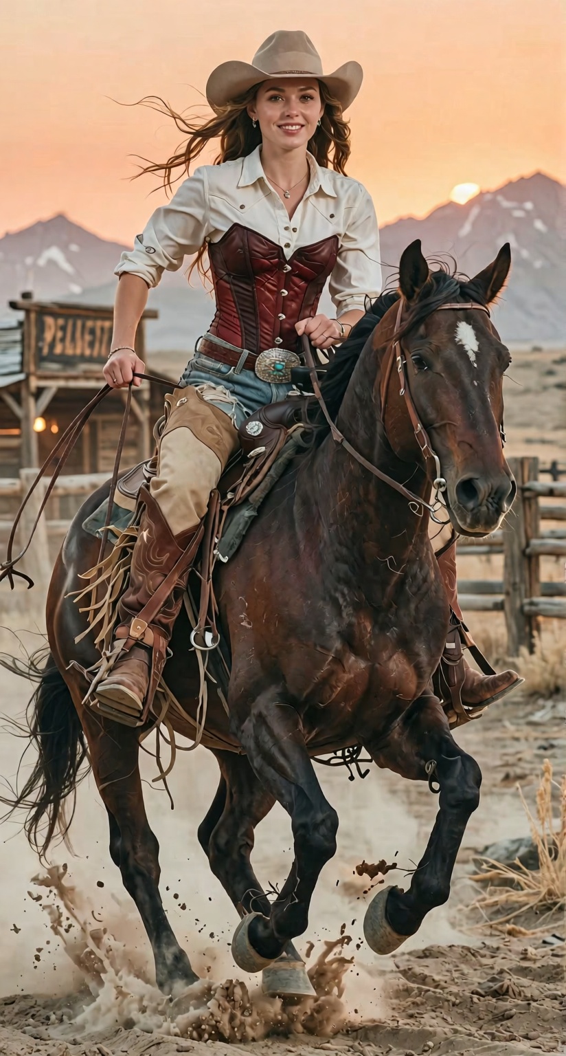 premium cinematic Western masterpiece,  exceptionally beautiful 22-year-old woman wearing a stylish cowboy outfit,  riding...
