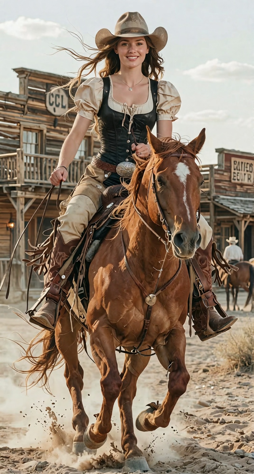 masterpiece,  breathtakingly beautiful 22-year-old woman wearing an authentic cowboy outfit,  riding a powerful chestnut h...