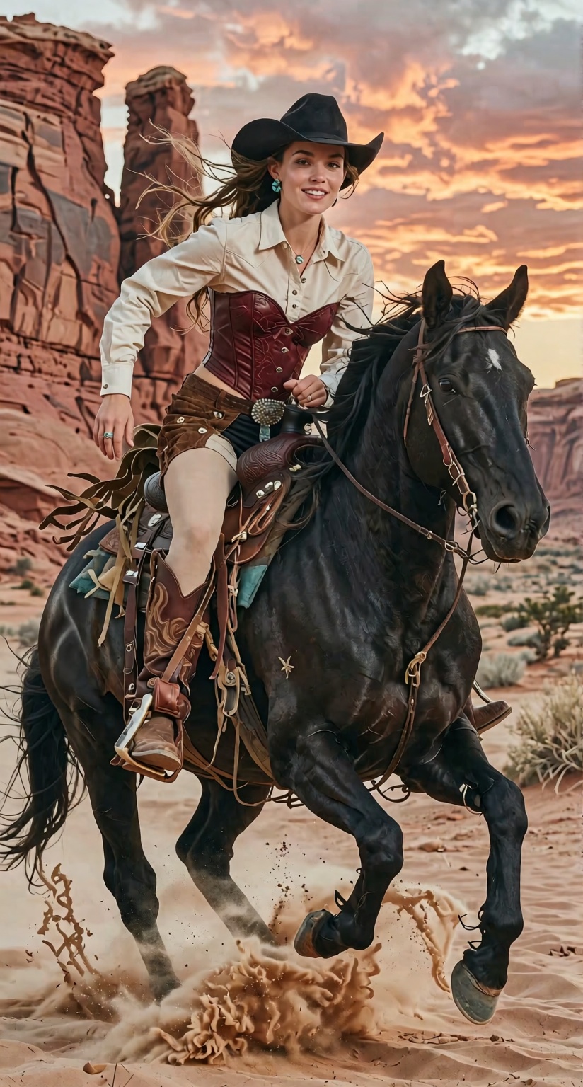 ultra-realistic cinematic Western photography,  extraordinarily beautiful 22-year-old woman riding a magnificent black sta...