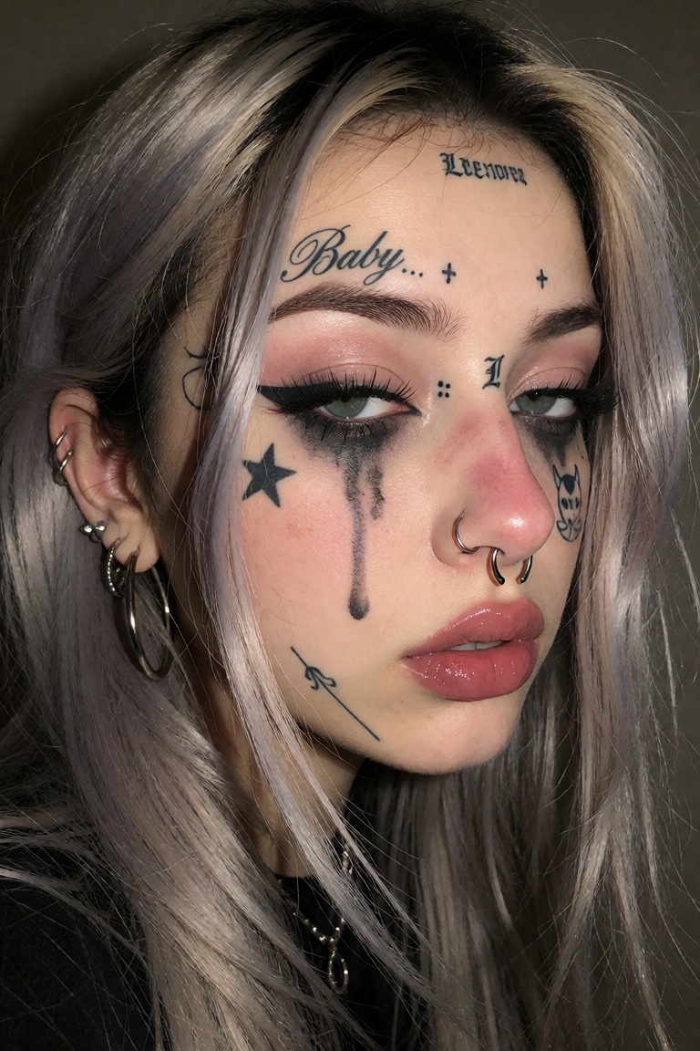 A close-up portrait of a young woman with an edgy grunge,  emo,  and alternative baddie aesthetic. She has long on Tensor.Art