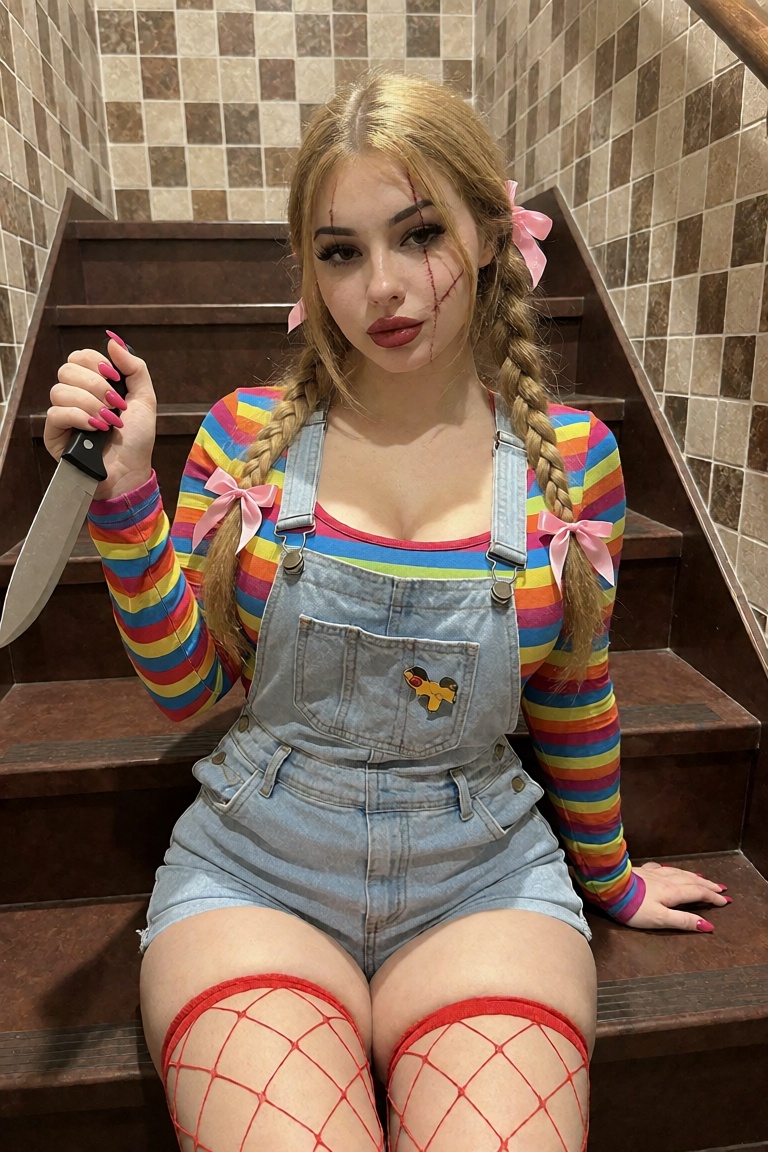 merlynn,  This is a photograph of a young woman in a costume,  possibly inspired by a popular fictional character. She is...