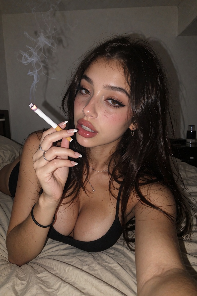 This photograph captures a young woman lying on her back on a beige bedspread,  gazing intently at a lit cigarette held be...