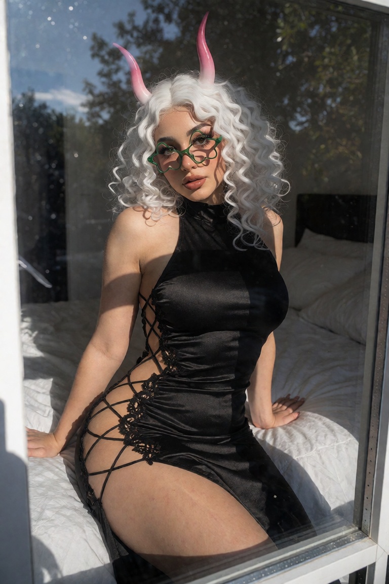 Candid photo taken from outside a bedroom window,  looking in through the glass. A beautiful ***** woman with curly white...
