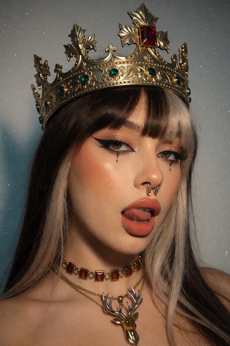 A close-up portrait of a young woman with a grunge and baddie aesthetic,  blending modern royal elegance with an alternati...