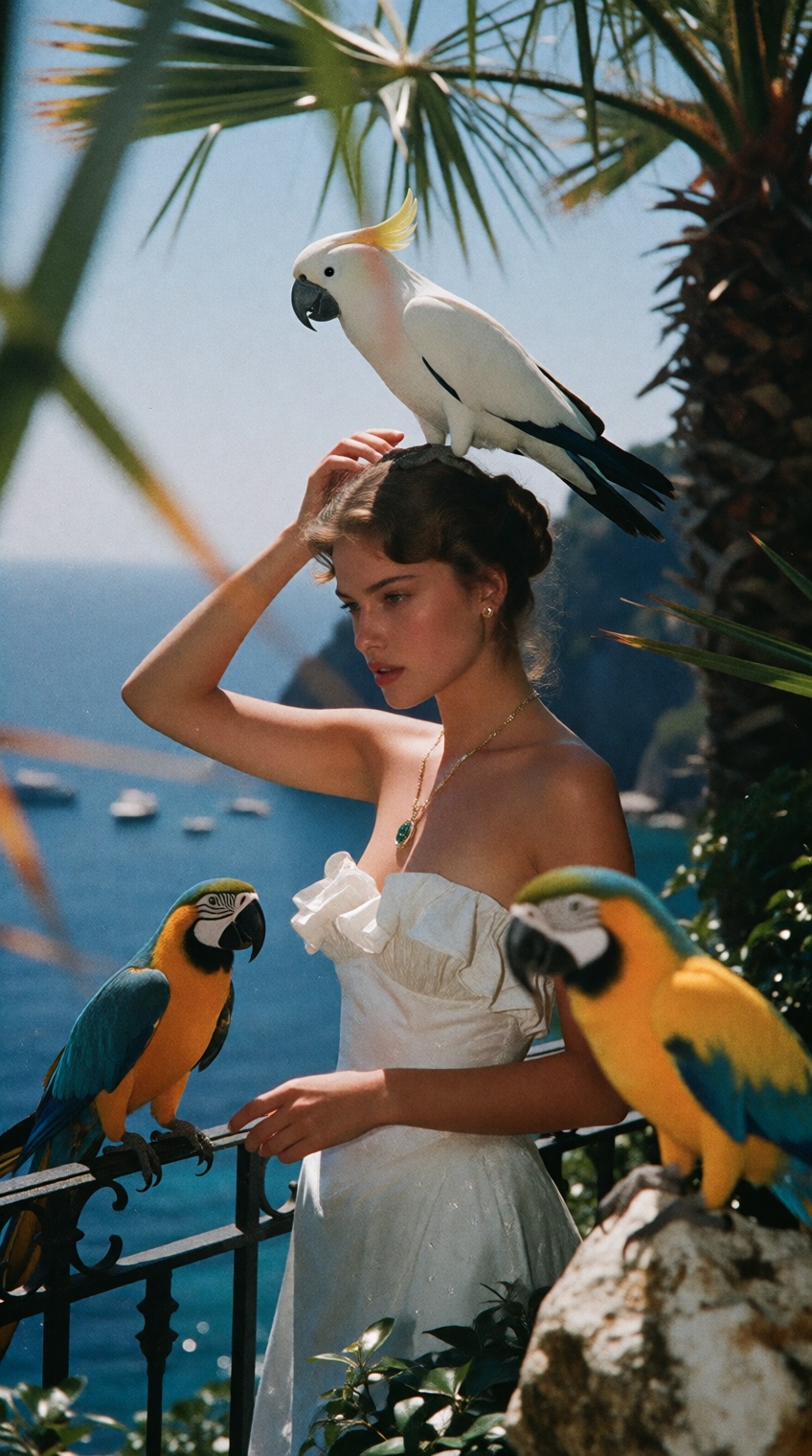 a woman with brown hair in an updo stands on a balcony overlooking the sea,  wearing a white strapless dress with a ruffle...