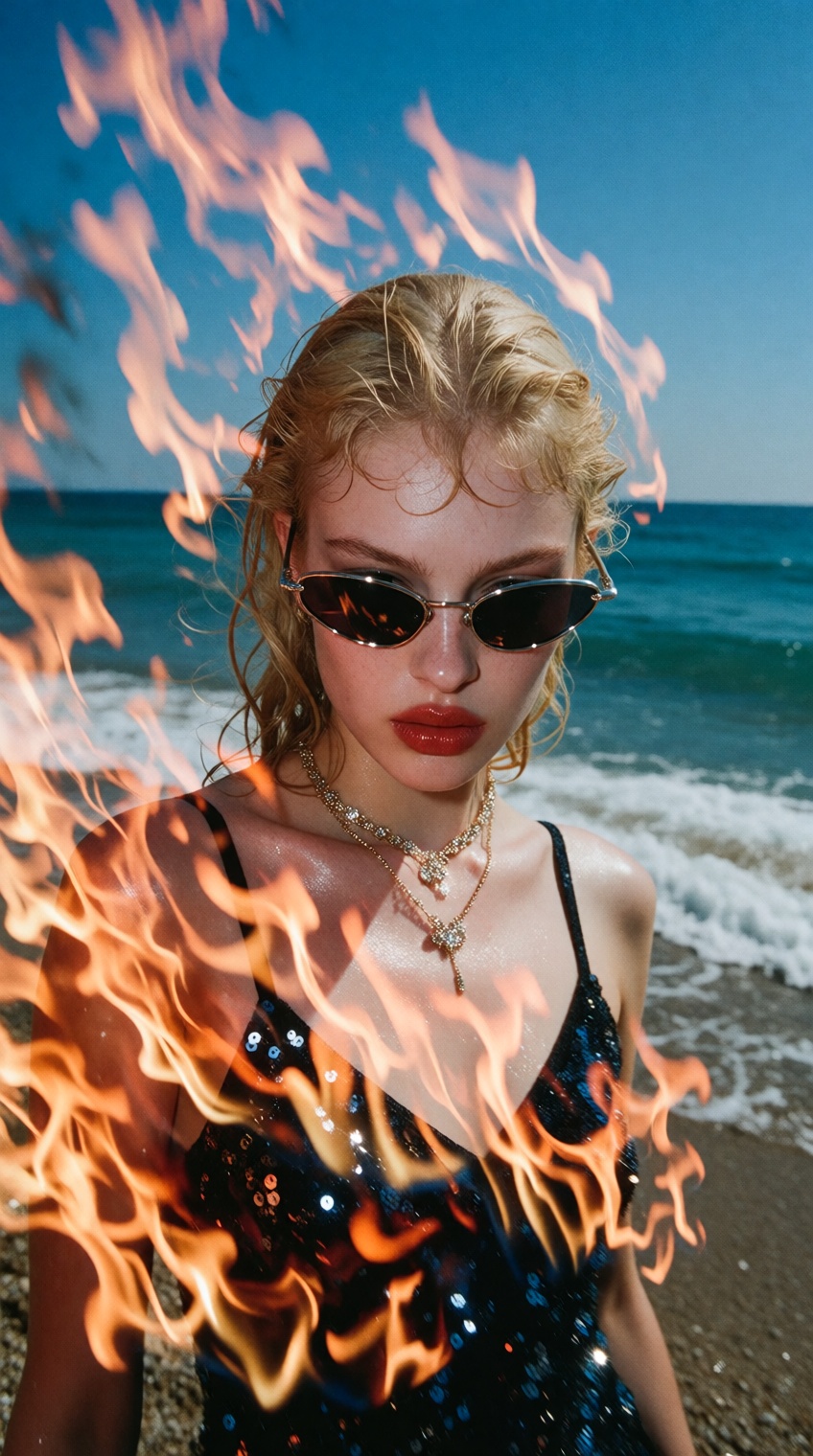 a young woman with slicked-back,  wet-looking blonde hair stands centered against a bright beach backdrop,  she wears narr...