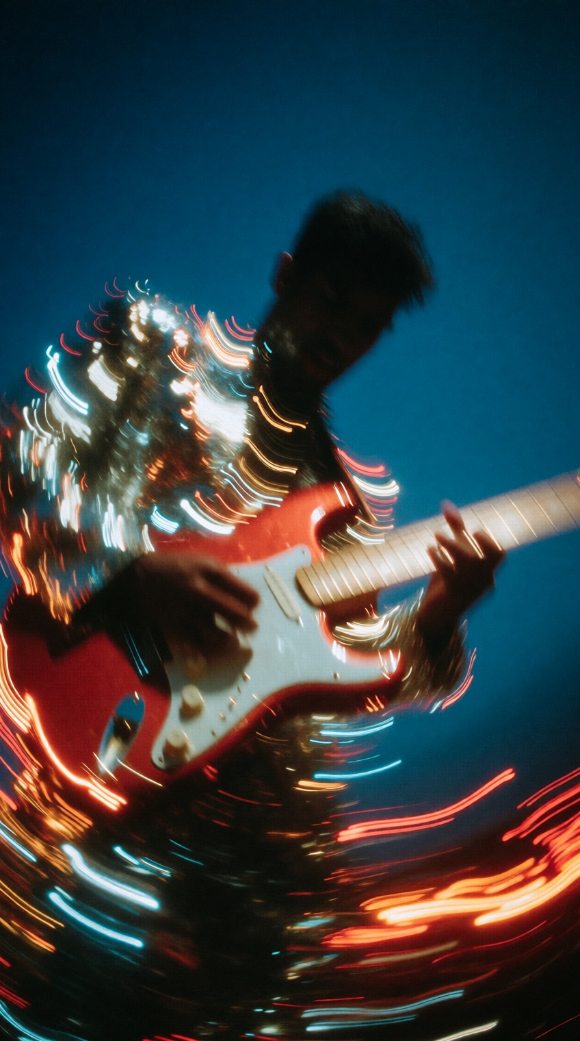 a motion-blurred,  long-exposure photograph captures a guitarist mid-performance against a deep teal-blue backdrop,  the m...