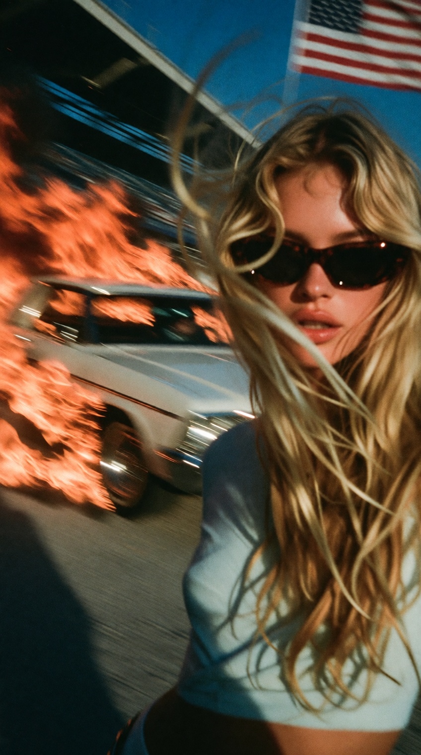 a blonde woman with long,  windblown hair dominates the right foreground,  wearing dark oval sunglasses and a pale on Tens...
