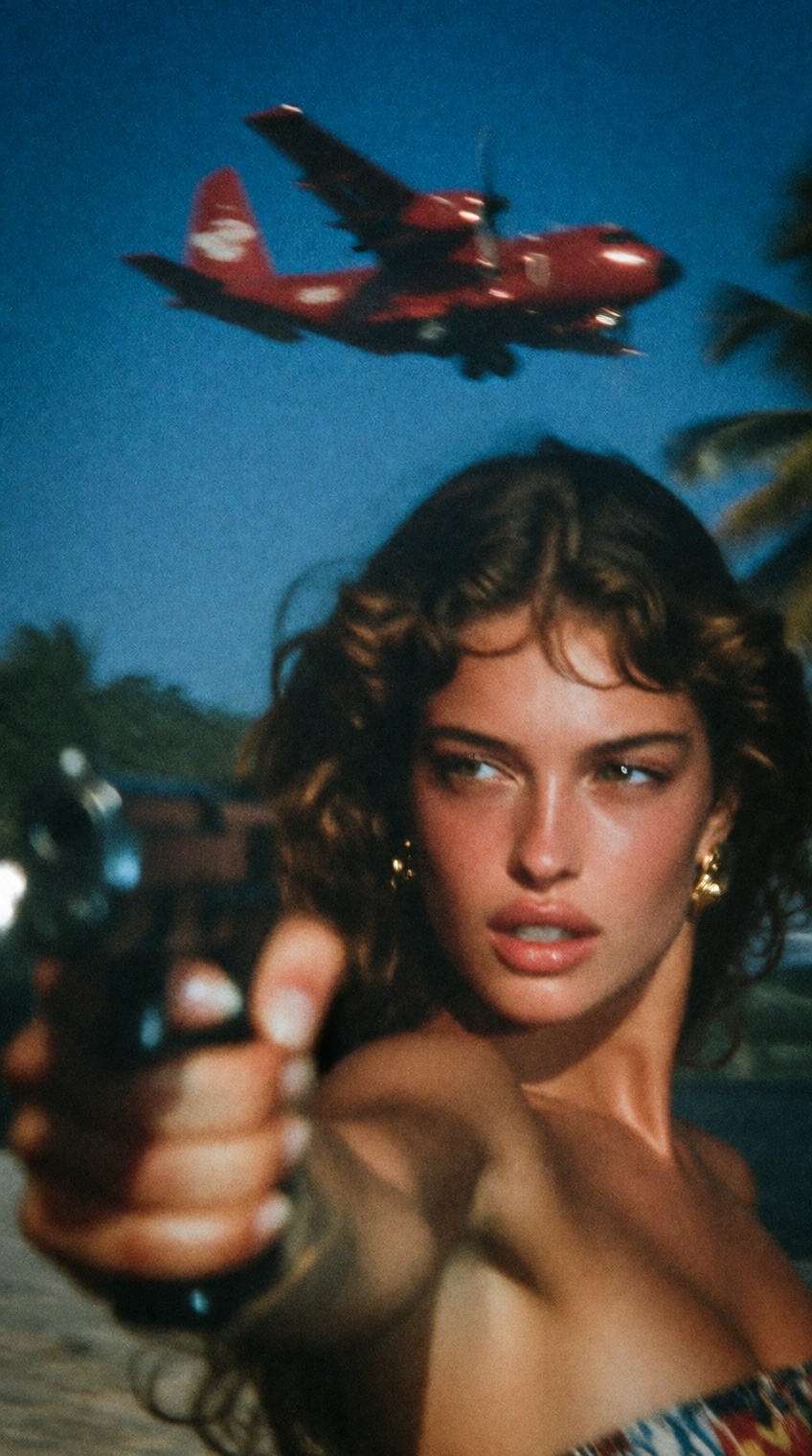 a grainy,  film-style portrait shows a woman with voluminous dark wavy hair and sun-kissed skin gazing off to the side wit...