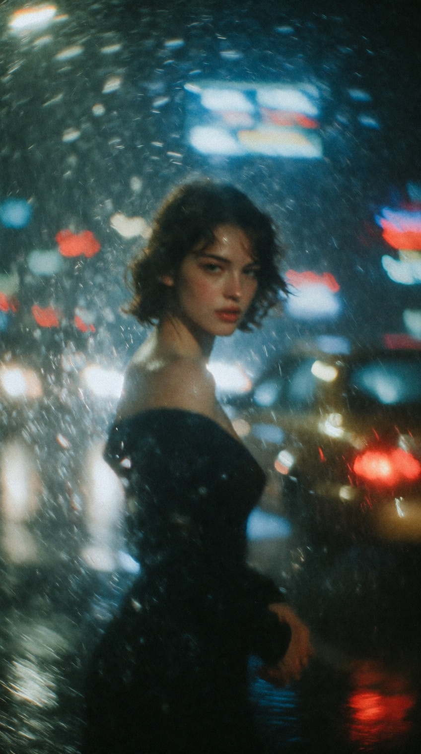 a woman with short,  dark wavy hair stands in profile,  glancing back over her bare shoulder toward the viewer on Tensor.Art