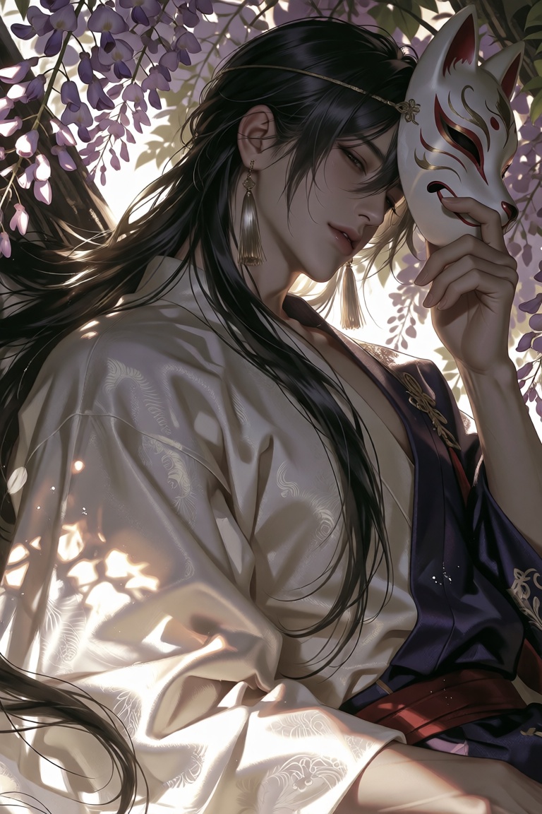 Create a detailed image of a man with long,  black hair,  wearing traditional Japanese clothes such as a kimono with wide...