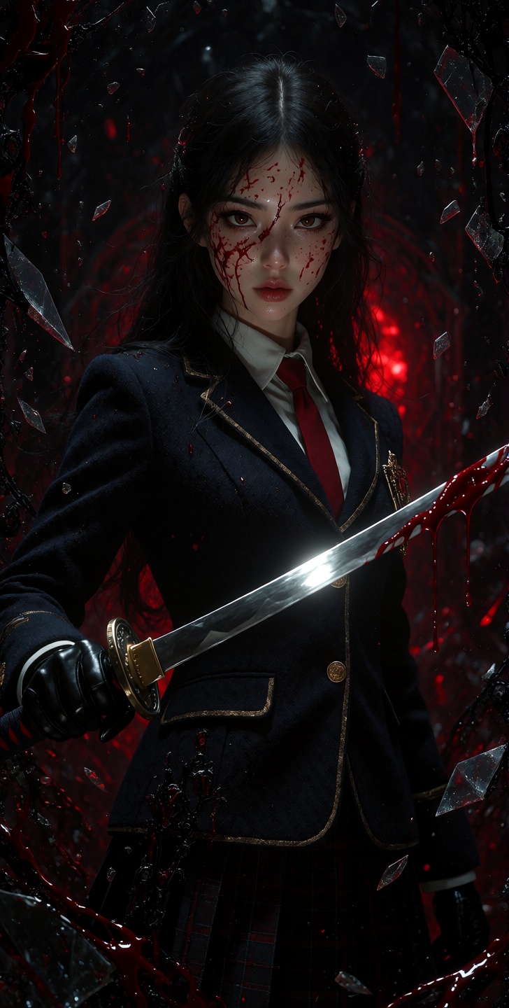 kutewackykolor,  grimmsfantasy,  A low-angle cinematic close-up captures a slender young East Asian woman standing as the...