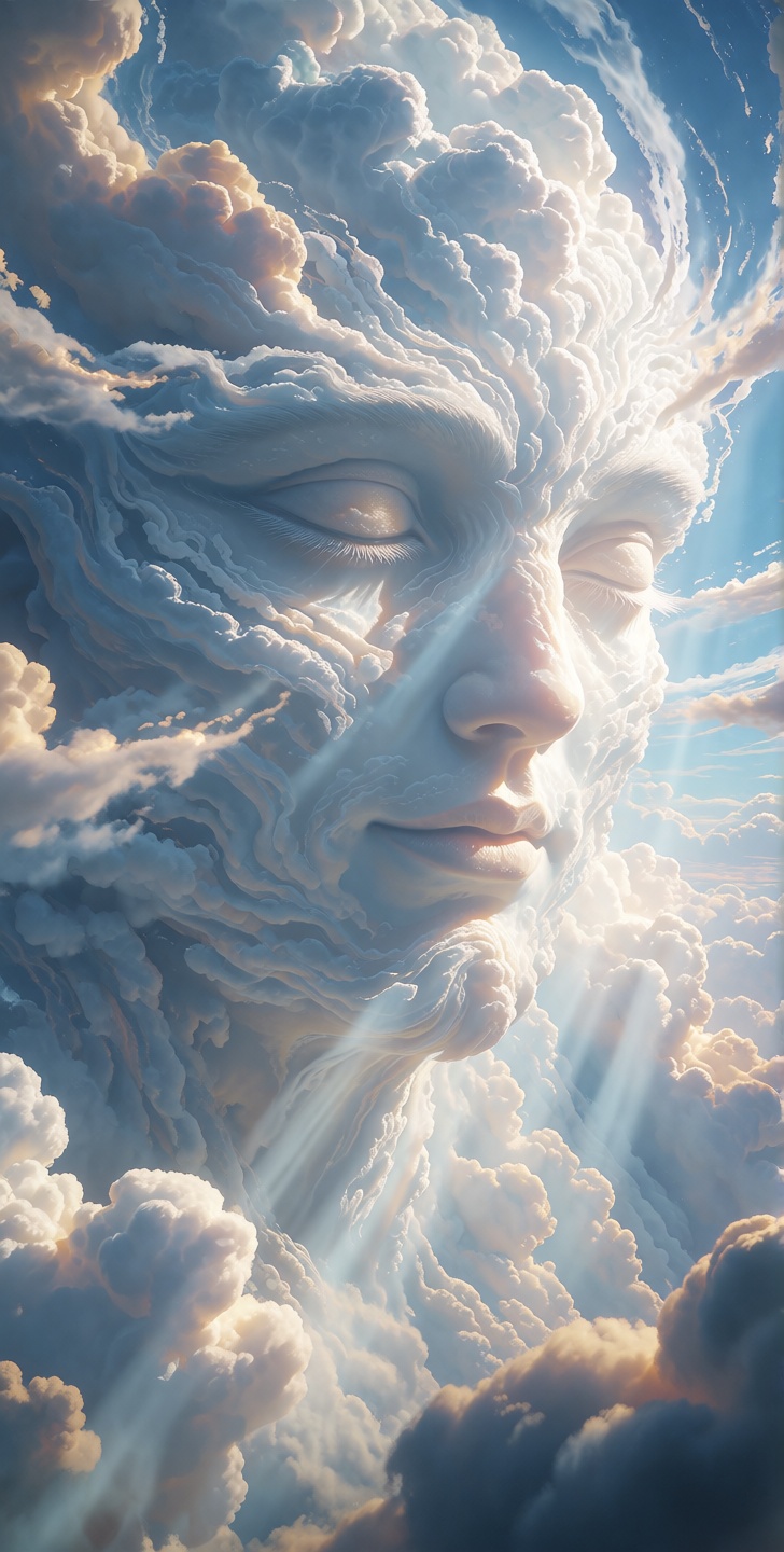 A vast,  cinematic view of an endless sky where massive,  sun-drenched cloud banks subtly coalesce into the serene feature...