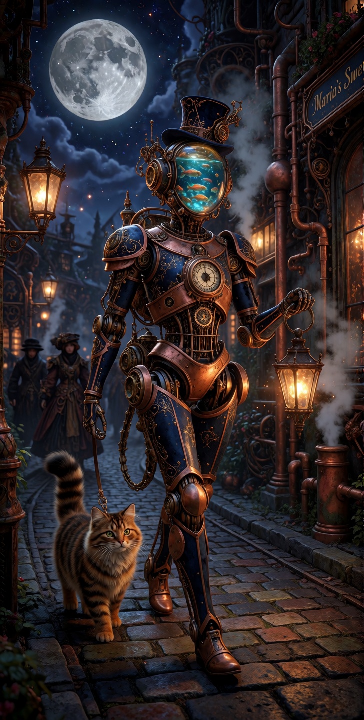 kutewackykolor,  grimmsfantasy,  A humanoid automaton strolls forward along a diagonal cobblestone path on Tensor.Art