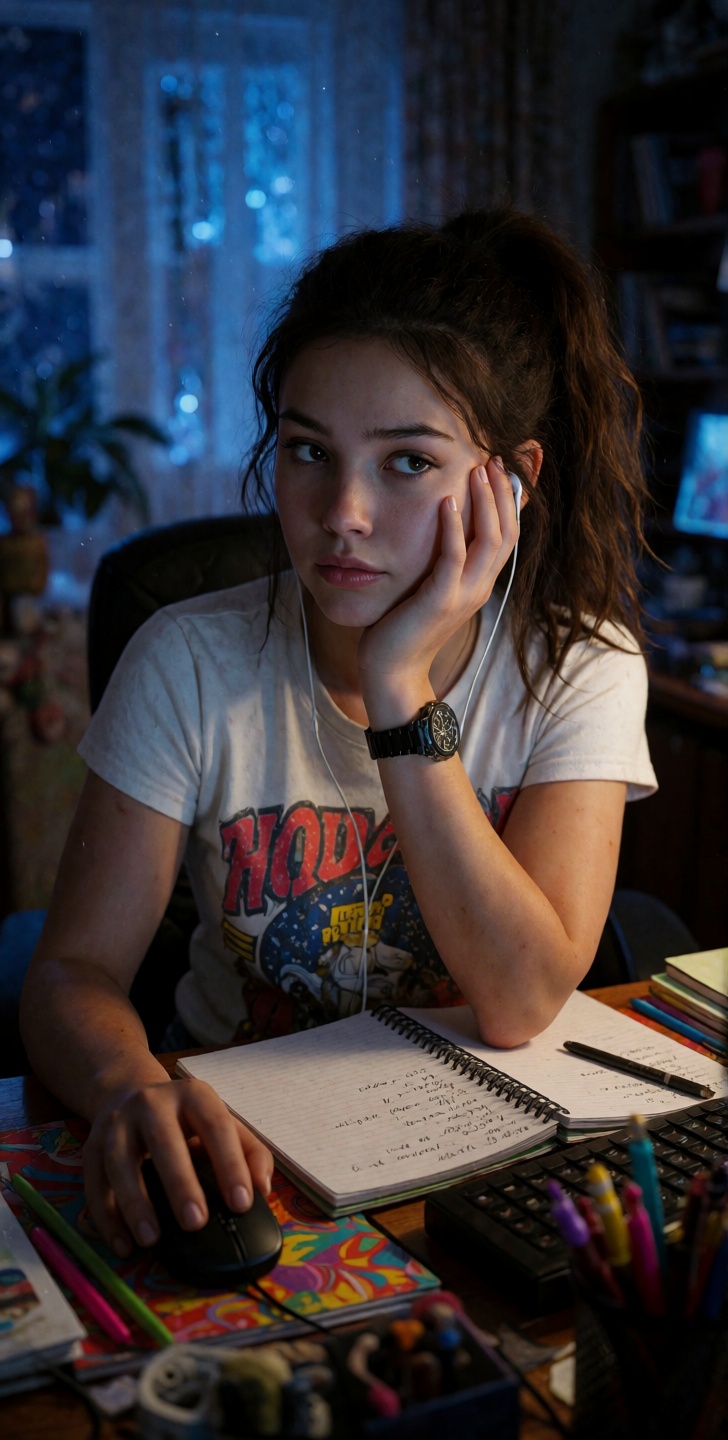 cluttered desk late at night. contemplative. bored. cool blue ambient light in the background. soft. warm glow highlightin...