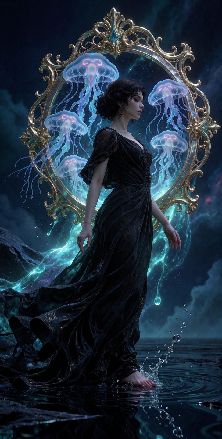 grimmsfantasy A pale woman with short dark hair stands in a low-angle profile,  her expression one of intense focus as she...