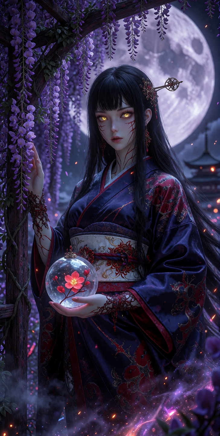 grimmsfantasy An ethereal young woman stands poised and enigmatic beneath the oppressive weight of a colossal celestial mo...