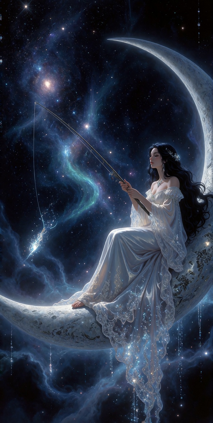 grimmsfantasy,  Perched upon the smooth,  silver curve of a celestial crescent on Tensor.Art