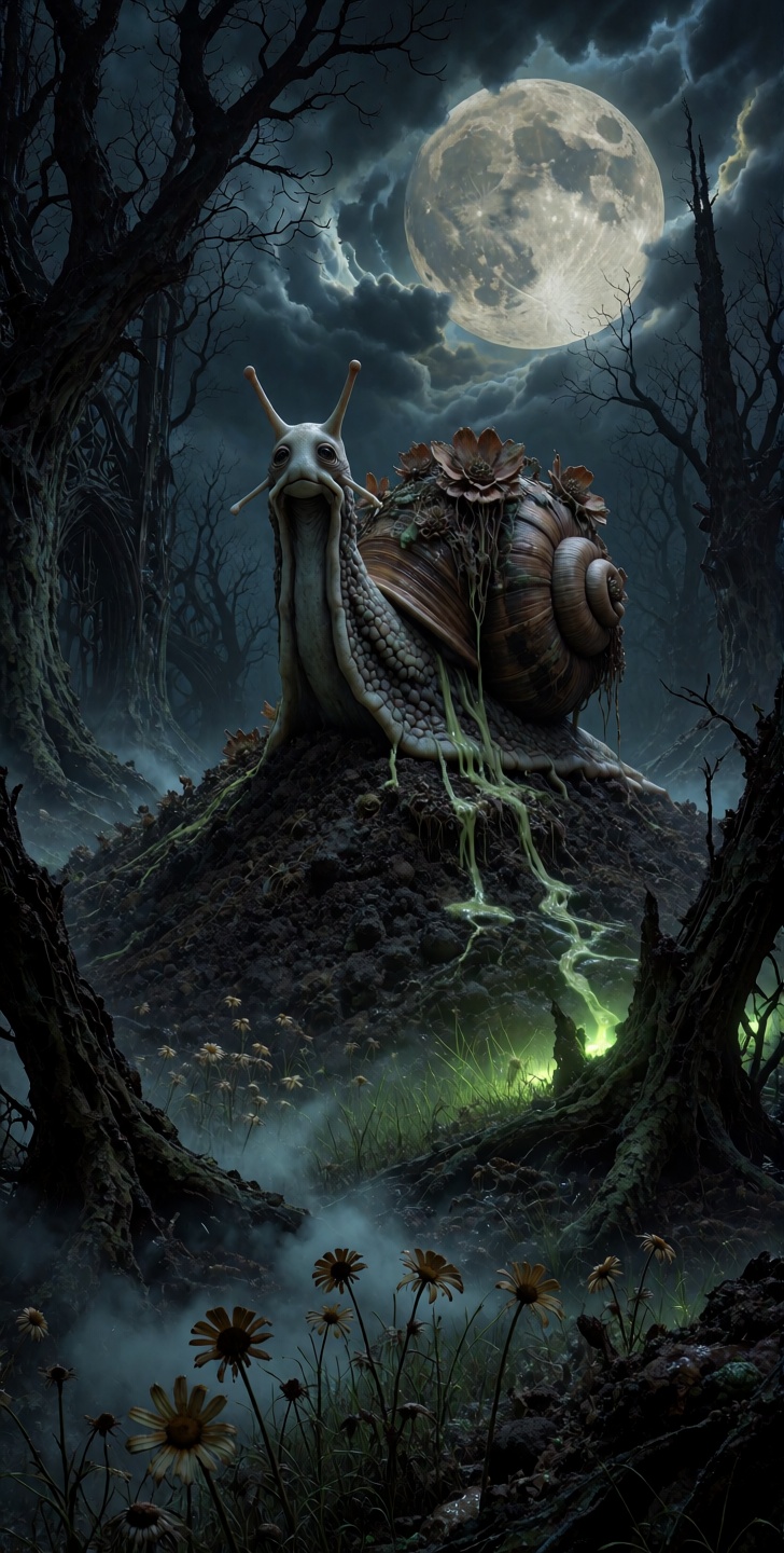 kutewackykolor,  grimmsfantasy,  A colossal anthropomorphic snail perches with tragic grandeur atop a desolate mound of co...