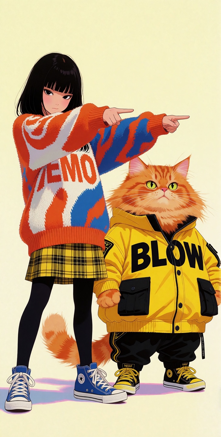 kutewackykolor A young girl and a rotund,  fluffy orange cat stand side-by-side in a posture of playful defiance,  centere...
