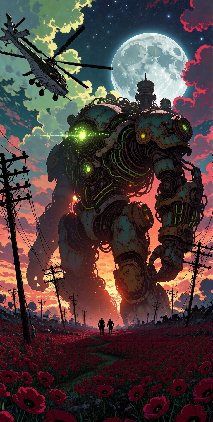 kutewackykolor,  grimmsfantasy,  An extreme low-angle wide shot captures the elegiac silhouette of a colossal steampunk be...