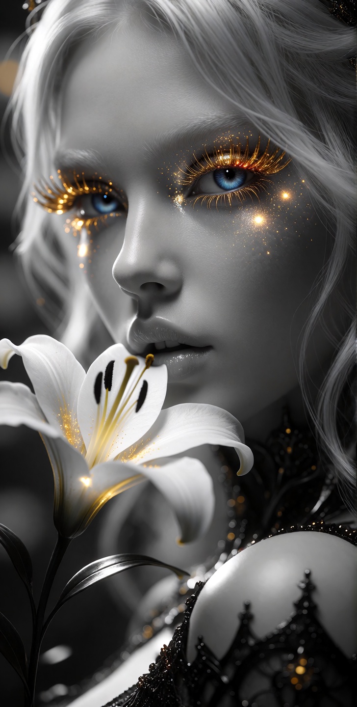 Extreme close-up macro portrait of an ethereal,  porcelain-skinned woman with striking,  monochromatic pale gray skin and...