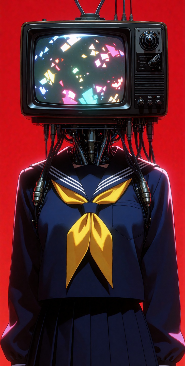 kutewackykolor A solitary student stands centered in a clinical,  high-contrast void of saturated red,  their presence an...