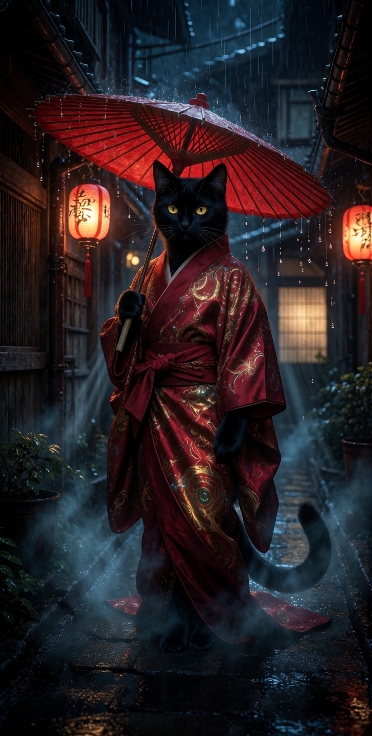 grimmsfantasy,  kutewackykolor,  An anthropomorphic tuxedo cat stands with an air of serene confidence on Tensor.Art