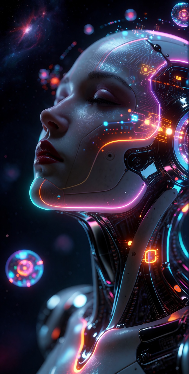kutewackykolor,  grimmsfantasy,  A cinematic macro profile captures an advanced humanoid android in a moment of majestic m...