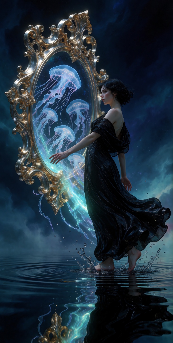 grimmsfantasy A pale woman with short dark hair stands in a low-angle profile,  her expression one of intense focus as she...