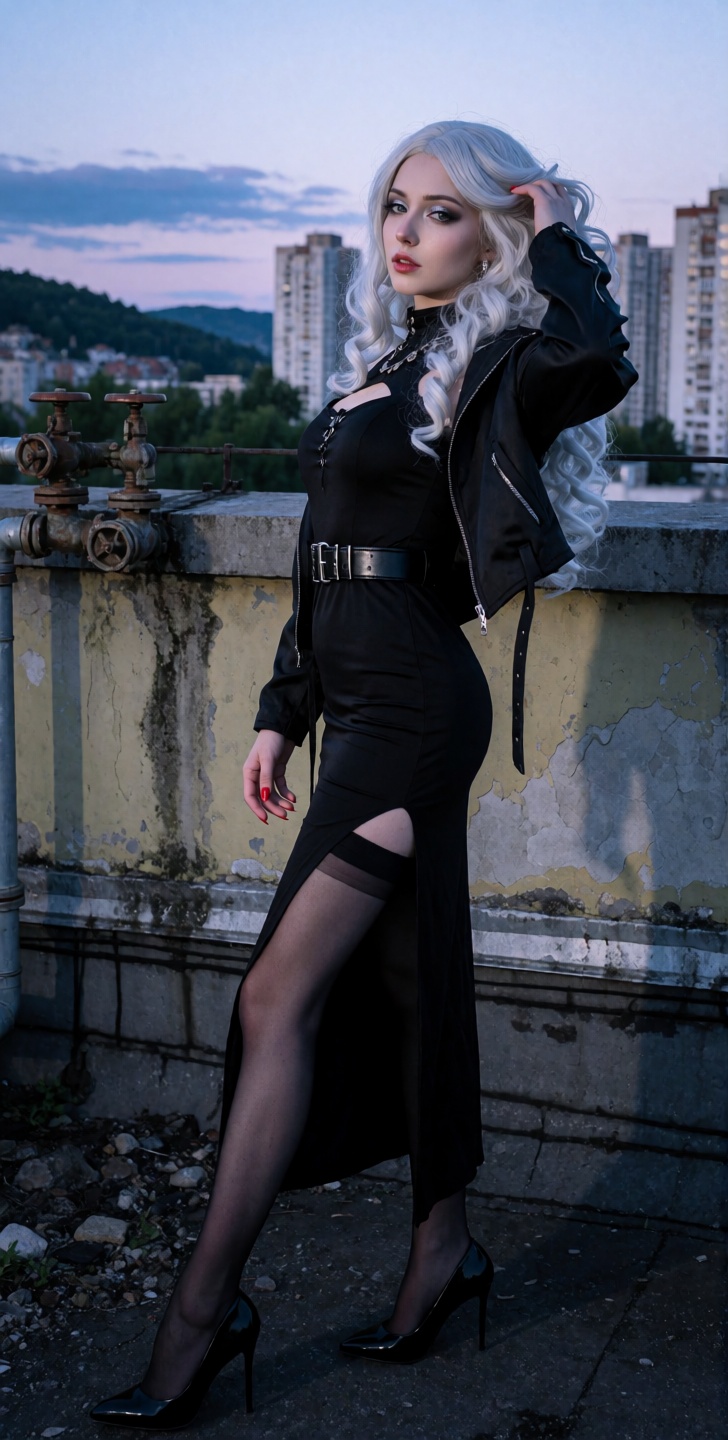 A young woman with silver-white long curly hair stands on a city rooftop at dusk,  wearing a form-fitting black dress with...