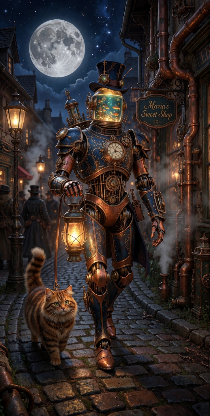 kutewackykolor,  grimmsfantasy,  A humanoid automaton strolls forward along a diagonal cobblestone path on Tensor.Art