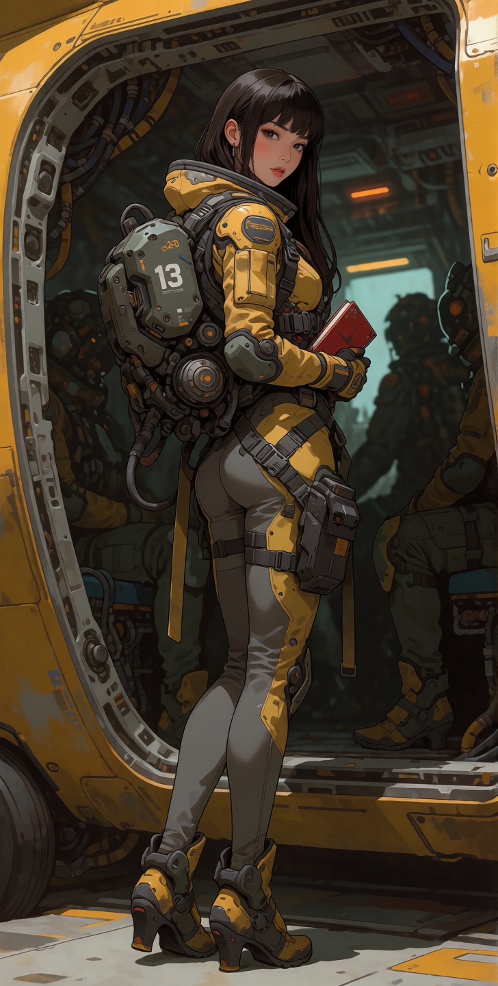A high-detail sci-fi digital illustration of a young East Asian woman with long. sleek dark hair and bangs. standing insid...
