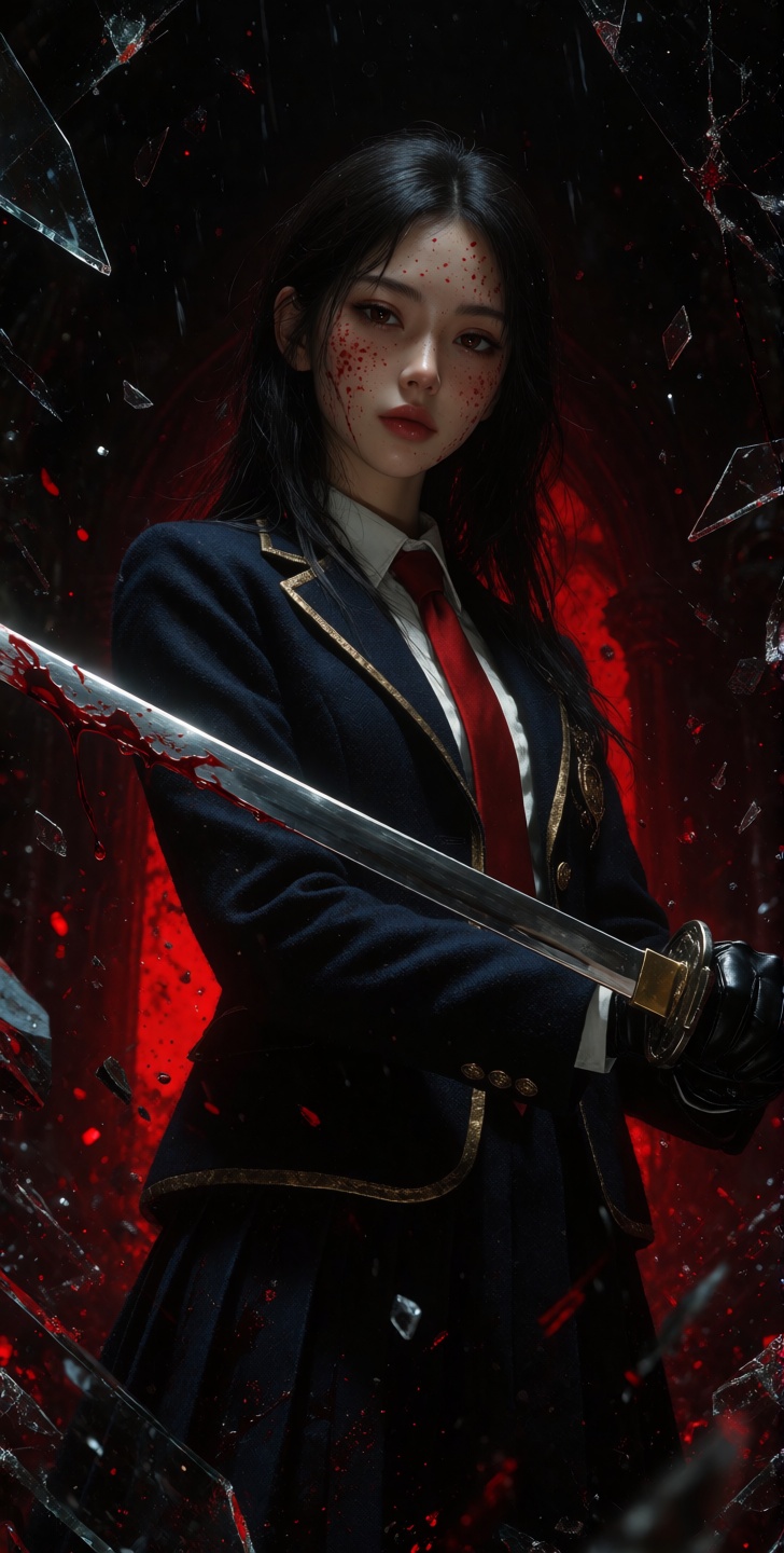 kutewackykolor,  grimmsfantasy,  A low-angle cinematic close-up captures a slender young East Asian woman standing as the...