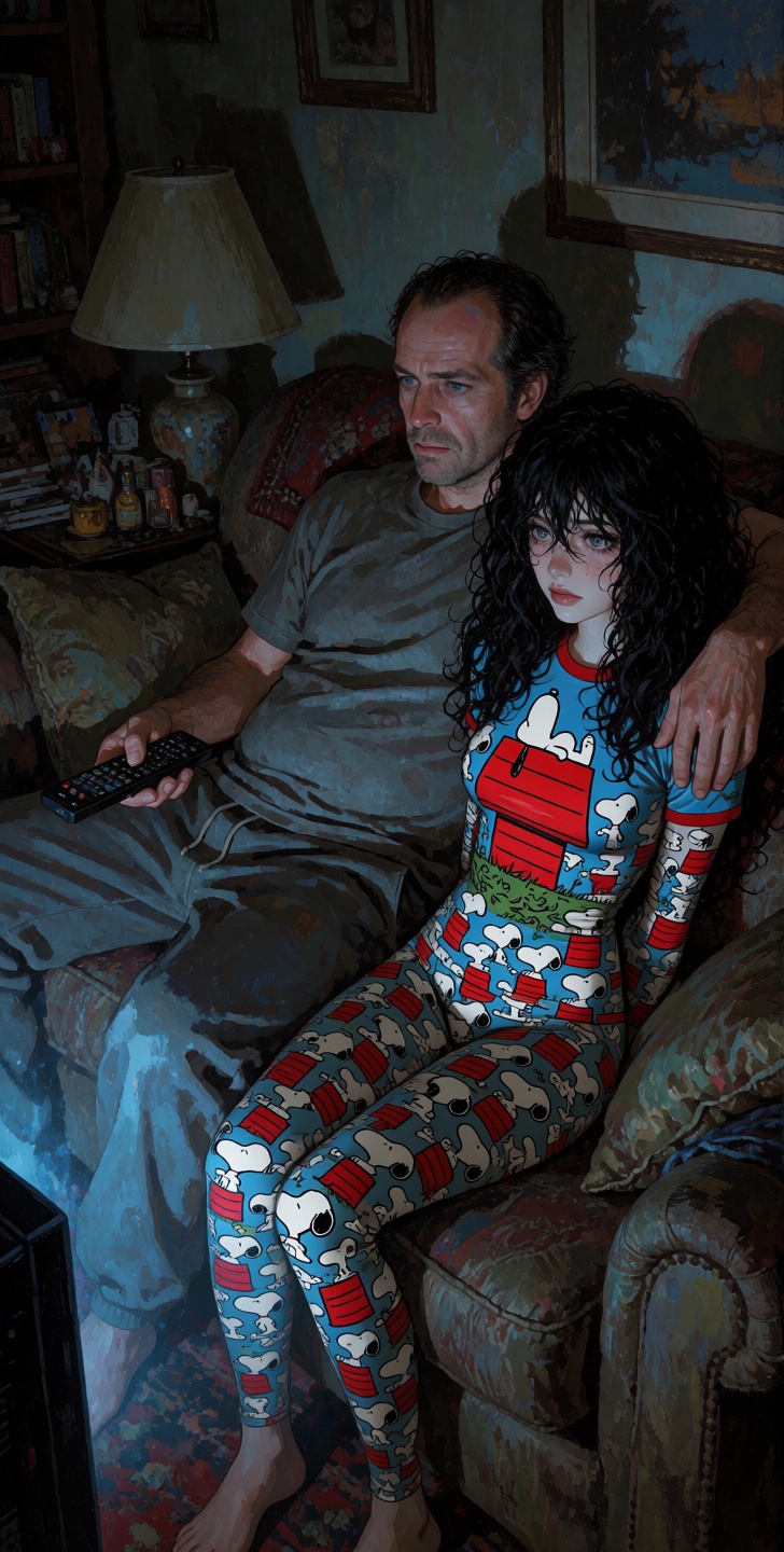 A Consensual Shibari cosplay illustration. A living room. A middle-aged man with receding brown hair. a stubbled jaw. and...