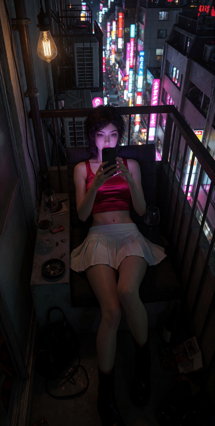 SFW,  clean conservative image. 2am tokyo-vibe balcony selfie. sunk into chair. tipsy messy glam. dark moody aesthetic. he...