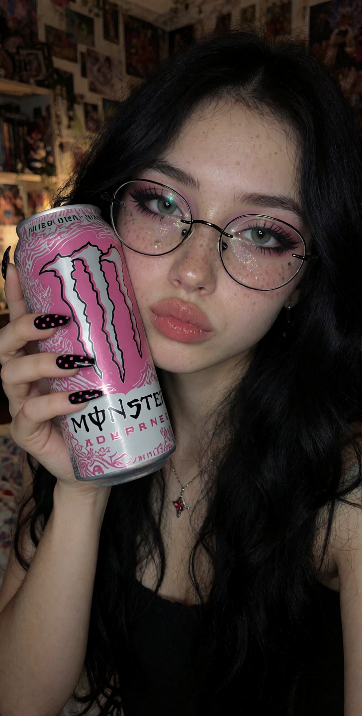 An 18 year old girl with long black wavy hair. light natural freckles and pale skin. eastern european girl with tiktok aes...