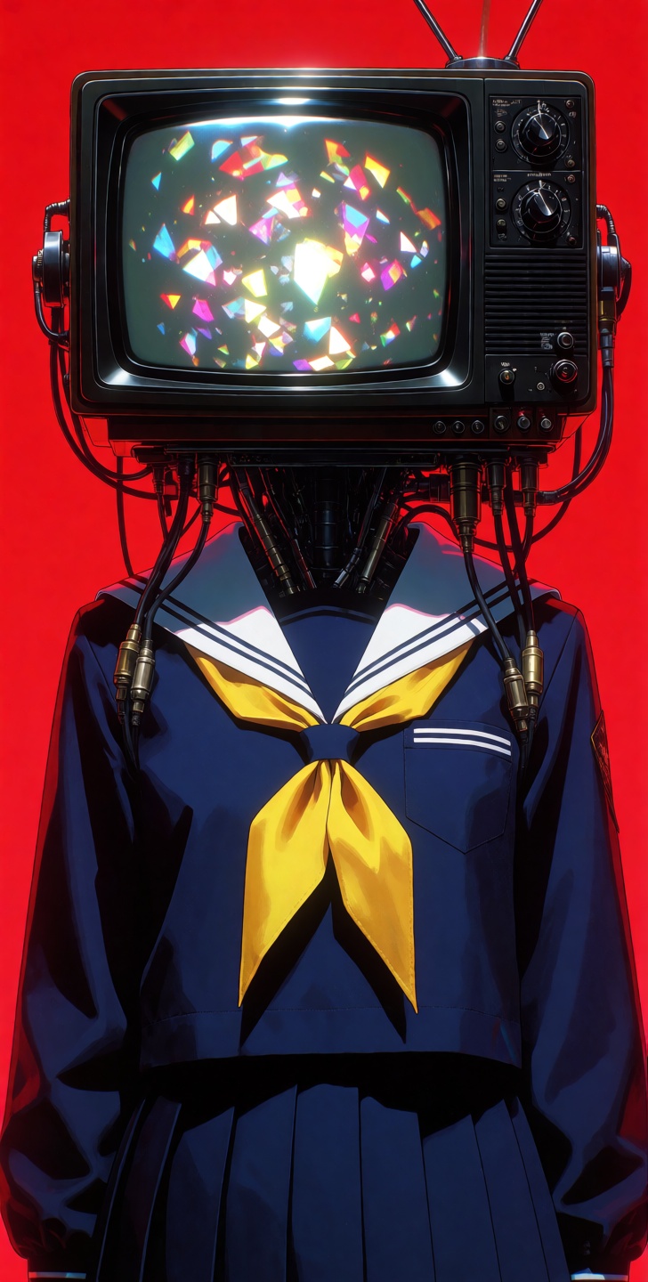 kutewackykolor A solitary student stands centered in a clinical,  high-contrast void of saturated red,  their presence an...
