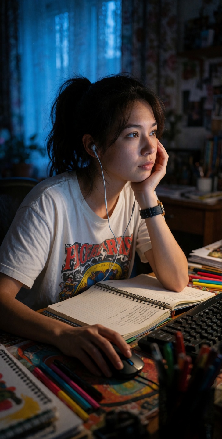 cluttered desk late at night. contemplative. bored. cool blue ambient light in the background. soft. warm glow highlightin...
