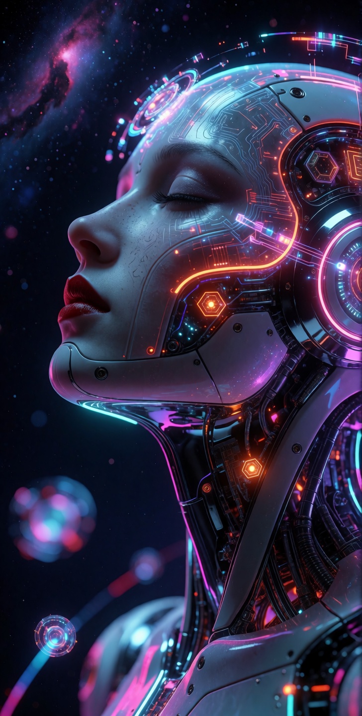 kutewackykolor,  grimmsfantasy,  A cinematic macro profile captures an advanced humanoid android in a moment of majestic m...
