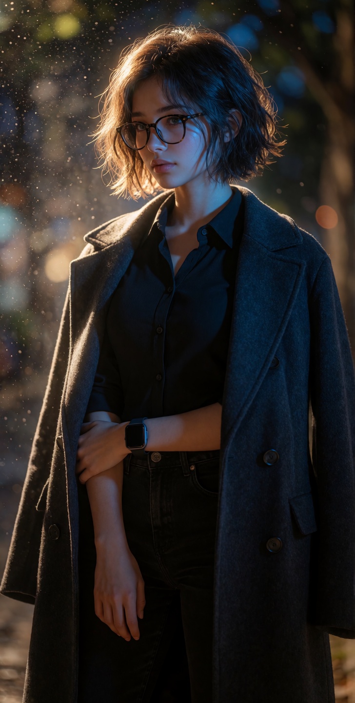 Ultra-realistic cinematic portrait of a girl. standing alone in quiet after-evening blue hour. Gentle. thoughtful expressi...