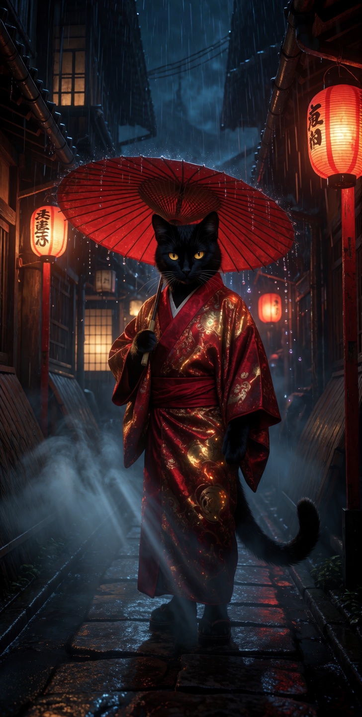 grimmsfantasy,  kutewackykolor,  An anthropomorphic tuxedo cat stands with an air of serene confidence on Tensor.Art