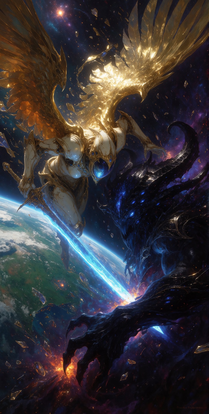 HyperDetailed Illustration,  ArsMJStyle,  A celestial sentinel descends through the void of a shattered orbit on Tensor.Art