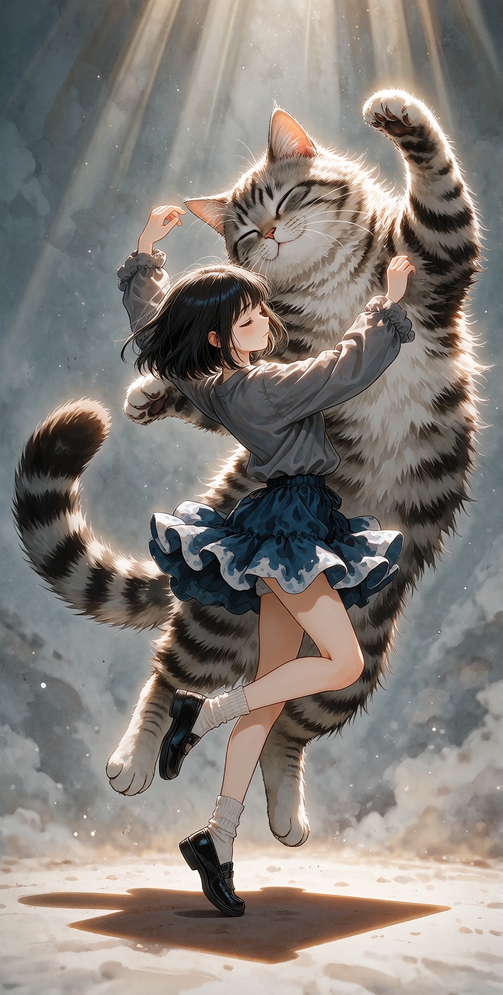 kutewackykolor In a suspended,  minimalist void where time feels stagnant,  a young girl with a sharp black bob and straig...