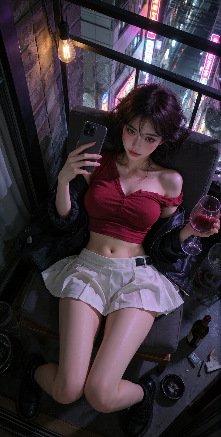 SFW,  clean conservative image. 2am tokyo-vibe balcony selfie. sunk into chair. tipsy messy glam. dark moody aesthetic. he...