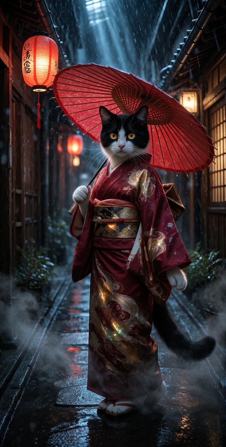 grimmsfantasy,  kutewackykolor,  An anthropomorphic tuxedo cat stands with an air of serene confidence on Tensor.Art