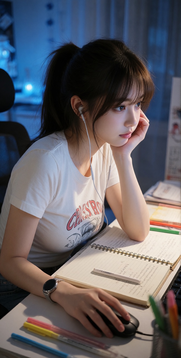 cluttered desk late at night. contemplative. bored. cool blue ambient light in the background. soft. warm glow highlightin...