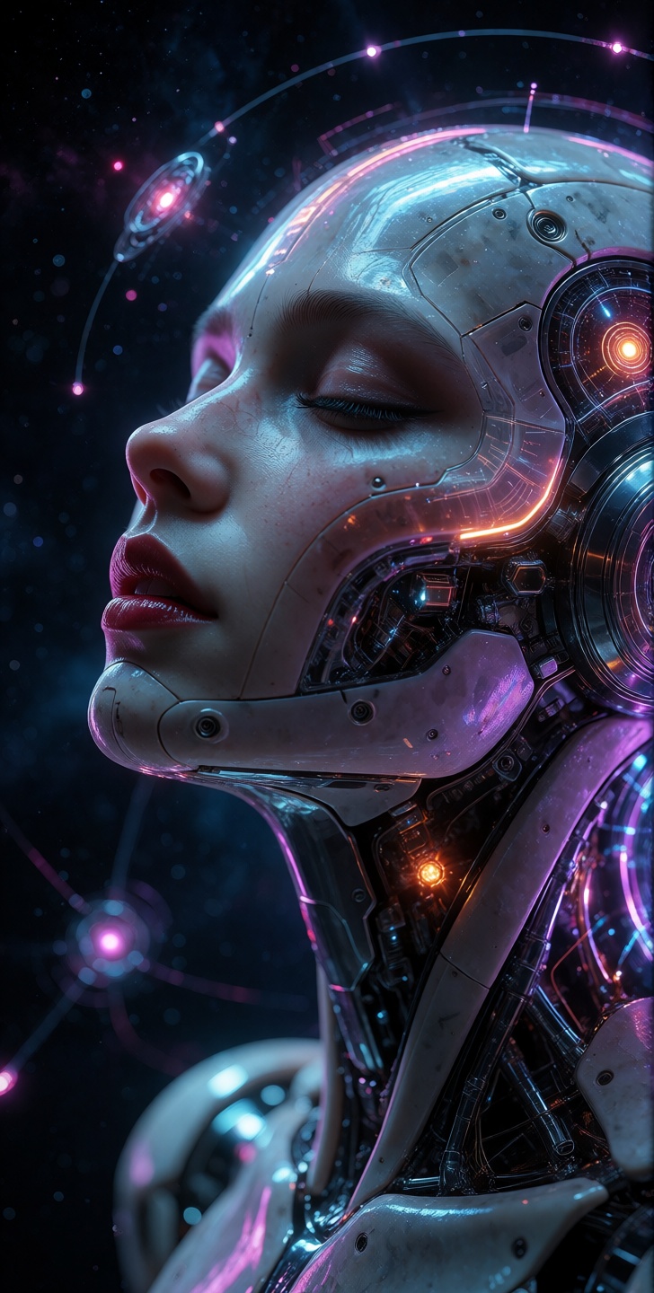 kutewackykolor,  grimmsfantasy,  A cinematic macro profile captures an advanced humanoid android in a moment of majestic m...